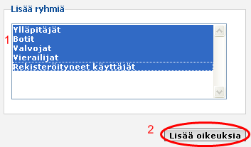 Valitse ryhmät ja lisää oikeudet